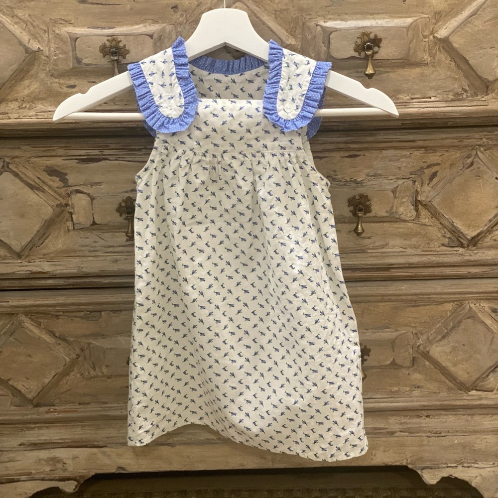 Southern Sunshine Lulu Dress Blue Flower Bud W | Polka Dot Ruffle Accent 4T EUC!